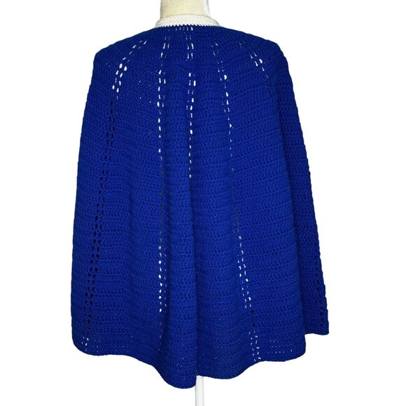 Handmade Crochet Cape Blue White Poncho Vintage 70s Cottagecore Boho Retro - Picture 4 of 6